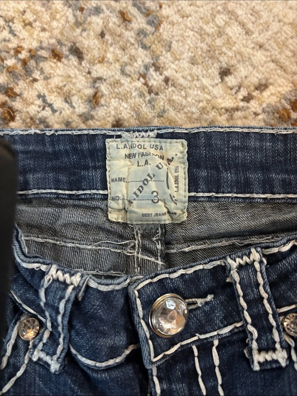 L.A. idol Dark Blue Flare Jeans with Contrast Stitching